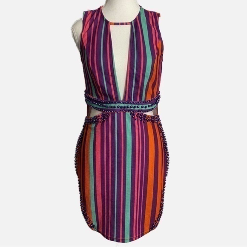 Banjul Multicolored Vertical Striped BodyCon Midi Dress with Purple Beads